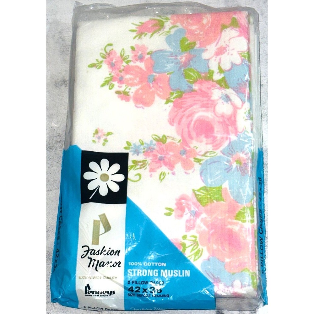 Vtg Pillowcases JC Penny Fashion Manor Floral 100% Cotton Muslin 42x36 Set of 2